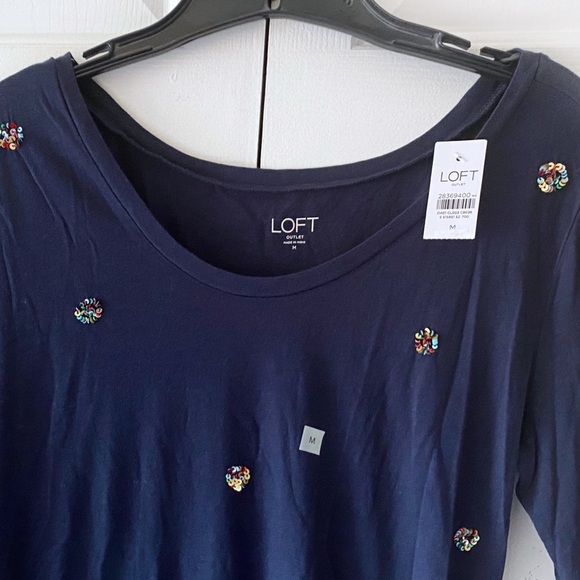 Ann Taylor Loft Womens Top Navy Blue Sequin Long Sleeve Cotton Tee Medium Small - Picture 9 of 10